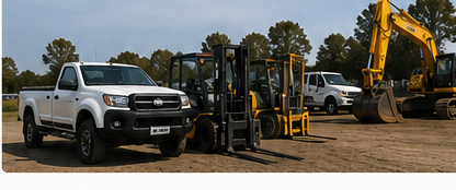 Ute, forklifts and excavator lined up in a yard