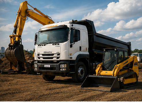 Excavator, tipper truck and skid steer loader on a construction site